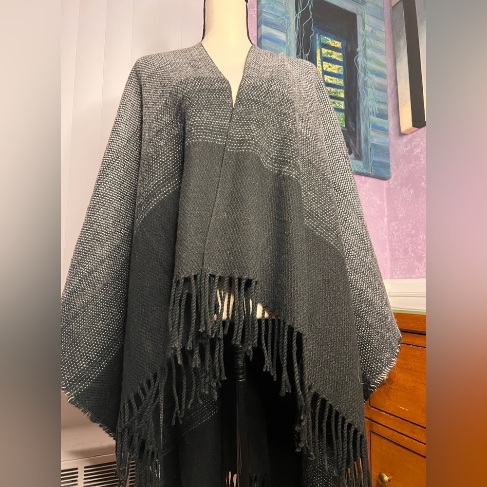 Sherpa Style Thick woolen Attention Black and Gray Poncho Wrap